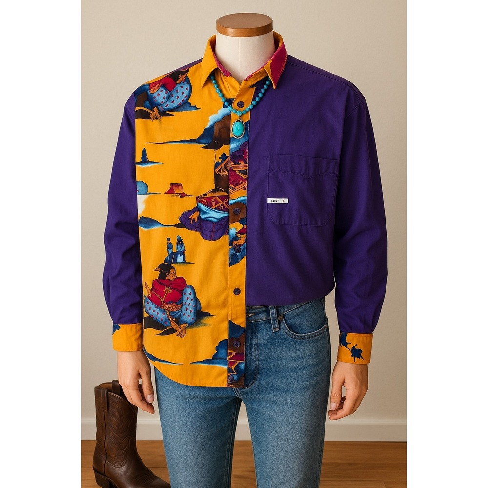 Vintage 80s Southwestern Western Art Shirt Purple Yellow Cowboy Print Colorblock